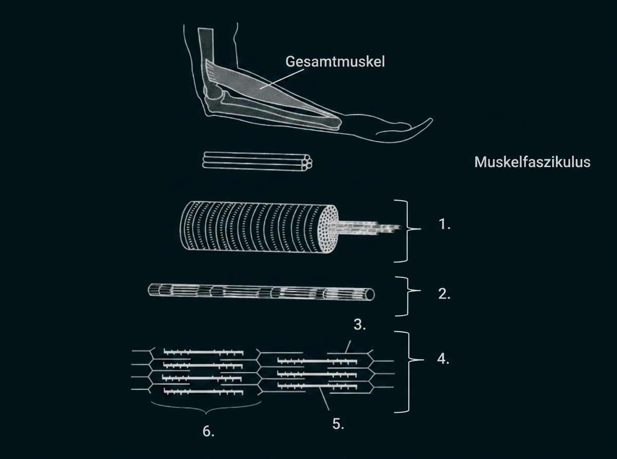 Schematische Darstellung des Muskelaufbaus am Arm: Muskel, Muskelfaszikel, Muskelfaser, Myofibrillen und Sarkomere.